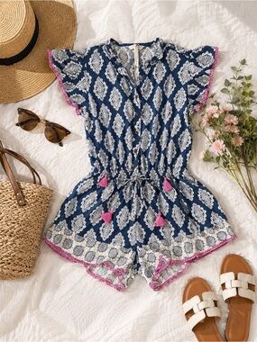 Matilda Jane Navy Printed Swim Coverup Romper with Pink Trim